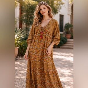 Earthbound Boho Hippie Festival Kimono Sleeve Fringe Tie Slip Over Maxi Dress XL